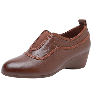 坡跟真皮单鞋女2025新款春款软底妈妈鞋秀气小皮鞋复古中老年女鞋