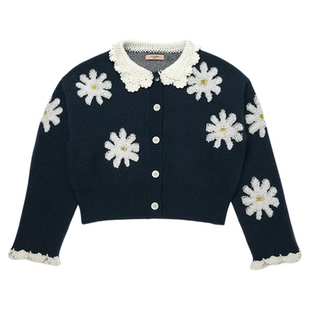 VitalSign女款秋冬季休闲法式甜美雏菊羊毛针织开衫女款翻领毛衣