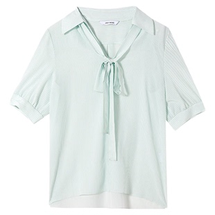 朗姿25真丝V字飘带领短袖淡人上衣气质高级感春秋新款通勤衬衫