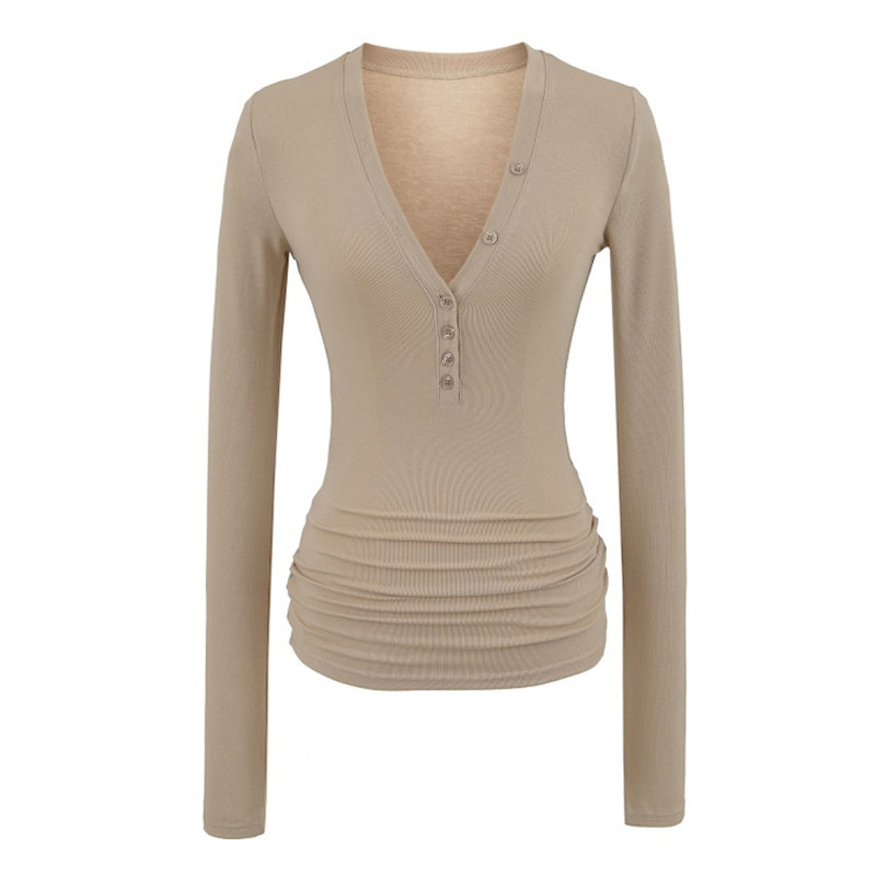 【包邮】纯欲辣妹风性感V领长袖T恤女修身显瘦纽扣收腰打底衫上衣