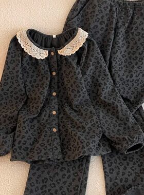 德绒保暖豹纹秋冬天睡衣女加绒韩版花边圆领长袖可外穿家居服套装