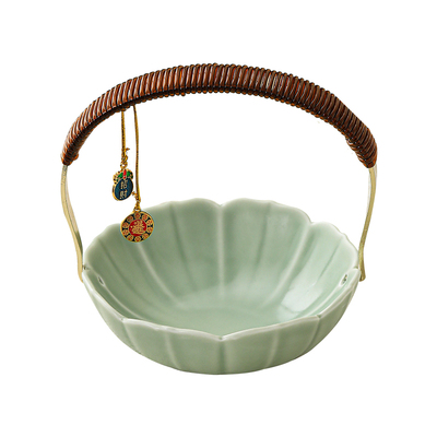 汝窑中式陶瓷手提水果盘