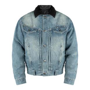 ANTIDOTE美式复古铆钉拼接皮领工装羽绒服男短宽羽绒内胆牛仔外套