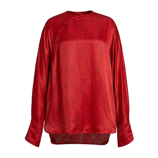 【新年系列】ZHUCHONGYUN2026春新款斜门襟圆领宽松红色衬衫上衣