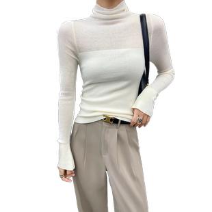 高领羊毛打底衫女2024新款秋冬洋气黑色微透内搭针织长袖t恤上衣