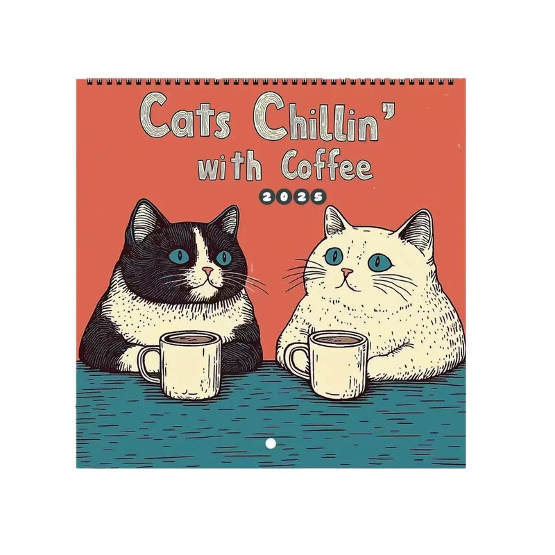新品2026年卡通咖啡猫日历Cat Chillin With Coffee看书猫挂历