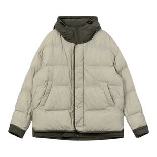 百家好豆绿色连帽拼接羽绒服女冬季新款保暖好看短款宽松加厚外套