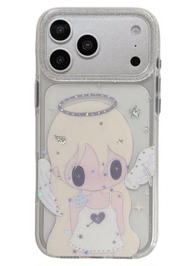jze 甜妹动漫卡通天使女孩彩钻闪粉适用苹果17ProMax手机壳iphone16pro新款17女15pro带链条14双层防摔手机套