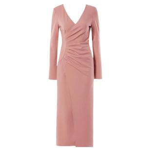 DPLAY秋季法式风V领粉色长袖修身门襟交叉裙子连衣裙长裙女