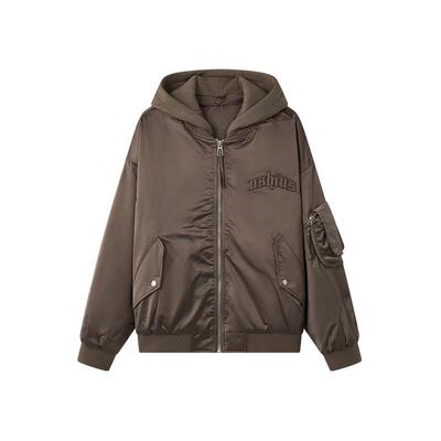 USHI悠时 秋冬加厚立体后背字母口袋棉服外套连帽宽松长袖夹克
