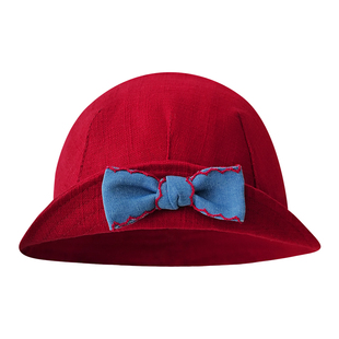 Himade小丸子日系可爱蝴蝶结手工盆帽秋女生翻边亚麻渔夫帽子红色