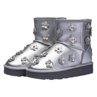 套筒4寸银色牛皮小花低筒厚底短靴7cm防水厚度内增高圆头雪地靴女