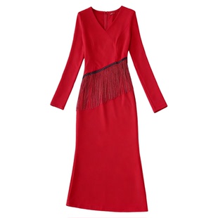 超火气质端庄礼服连衣裙女秋冬正式场合高端修身红色轻奢鱼尾裙子