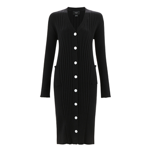 BettyChow炸街款贝壳扣黑色长开衫春连衣裙长袖v领毛衫