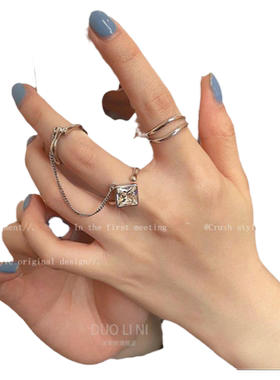 冷淡风方钻链条戒指一体式小众设计感高级食指戒时尚个性指环