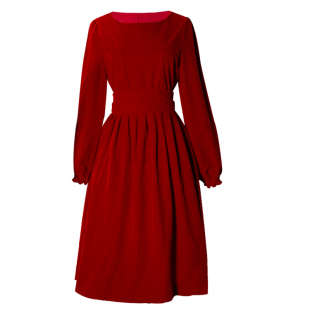 JUJU秋冬季新款女装裙子法式复古长袖内搭打底红色礼服丝绒连衣裙