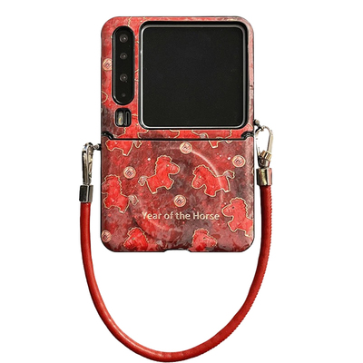 新年酒红烫金小马折叠手机壳