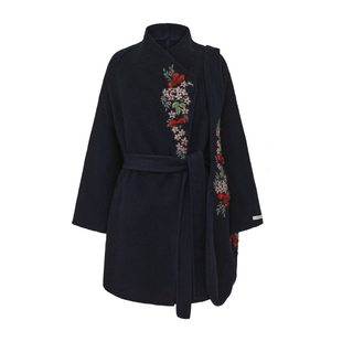 脸儿艺原创  藏蓝秋叶黄手工绣花果羊毛呢开衫中长款森系外套大衣