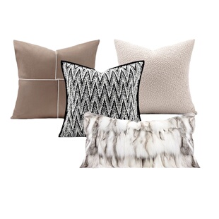 柏洛斯简约狐狸毛黑色沙发黑白咖酒店靠垫抱枕样板房方枕靠垫搭毯