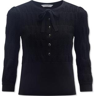 LK BENNETT黑色圆领针织衫冬新款蝴蝶结系带单排扣短款长袖