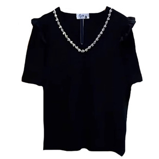 韩版大码女装纯色简约淑女风百搭胖妹妹减龄宽松重工烫钻短袖上衣