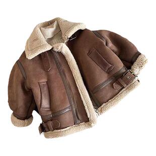 儿童皮衣外套男女童麂皮韩版立领机车夹克冬款加绒加厚羊羔绒上衣