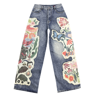 国潮重磅贴布设计牛仔裤男潮牌高街阔腿裤美式街头宽松加长裤子男