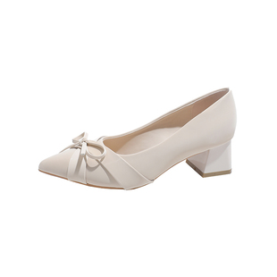 真皮~骄屿法式高跟鞋2026新款粗跟尖头蝴蝶结玛丽珍浅口裸色单鞋