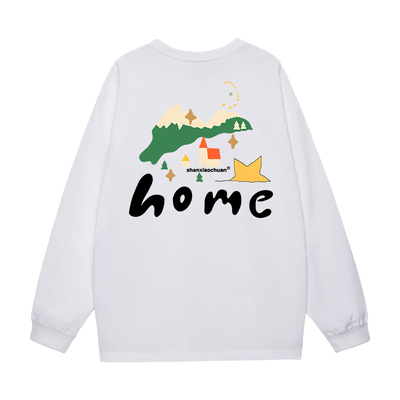 山小川潮牌卡通秋冬长袖t恤男纯棉圆领中性重磅白色青少年打底衫