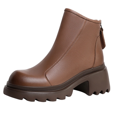 森达短靴女冬季商场同款真皮后拉链加绒保暖粗跟短皮靴STS01DD3