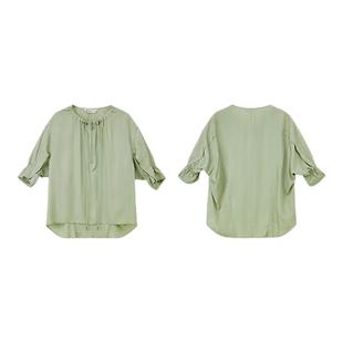 PIT绿色圆领抽绳半拉链短袖衬衫女2025夏花瓣袖凉感透气T恤上衣