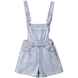 LOCKDOWN自制欧美风复古高腰修身显瘦翻边阔腿牛仔背带短裤热裤女