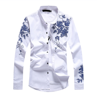 3D秋装中国风碎花男士短袖衬衣免烫修身男土长袖衬衫印花寸衫帅气