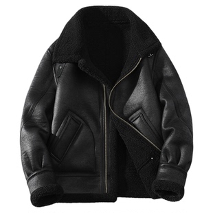 皮毛一体男士冬季大码加绒加厚皮衣短款机车服夹克男装羊羔毛外套