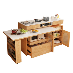 意式极简岛台餐桌一体岩板T型L隔断柜家用多功能可旋转伸缩中导台