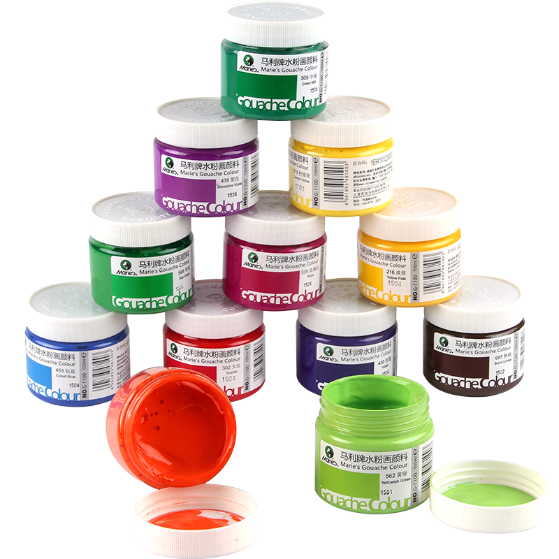 水粉颜料马利牌水粉画套装100ml大瓶罐装单个白色黑色18色24色36色学生考试用玛丽马力美术画画色彩绘画材料