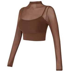 TEETKE美式带胸垫网纱短款长袖女新款假两件辣妹性感露脐紧身上衣