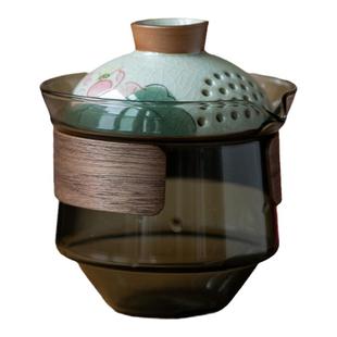 手绘荷花玻璃盖碗茶杯大号不烫手功夫茶具泡茶壶手抓壶单个高档