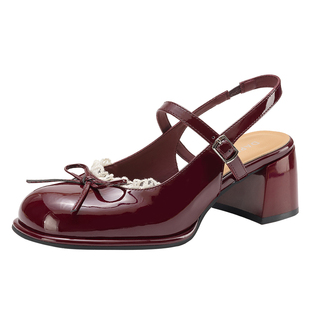 达芙妮红色凉鞋女款2026新款春季法式粗跟玛丽珍蝴蝶结小皮鞋单鞋