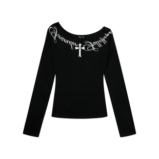 饭饭又饿了复古白色斜肩长袖t恤女款春季防晒罩衫设计感显瘦上衣