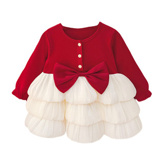 女宝宝公主风红色长袖连衣裙女童韩版洋气蛋糕裙周岁礼服春秋新款