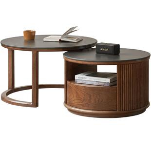 源氏木语实木茶几客厅意式轻奢岩板茶桌家用橡木胡桃色圆几组合