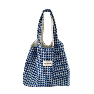 小白兔几 蓝色系涂层格纹帆布包编织腋下包大容量学生单肩托特包