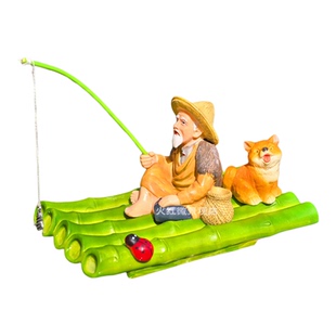 可漂浮竹筏竹排姜太公钓鱼翁摆件庭院古法水缸鱼缸造景悬浮喂食器