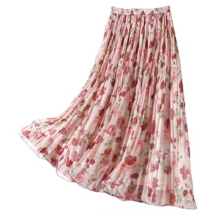 28010  轻薄印花乱褶雪纺碎花半身裙夏女中长款百褶裙a字裙小个子