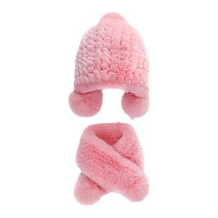 2022年獭兔毛儿童帽子女冬季皮草围巾一体男保暖加厚护耳亲子套装