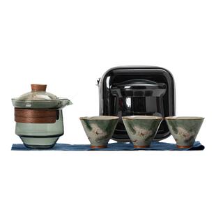 画续户外旅行功夫茶具套装手绘荷花便携式玻璃快客杯一壶二杯陶瓷