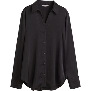 HM女装衬衫打底衫都市慵懒氛围感松弛感V领光泽缎面衬衫0939703