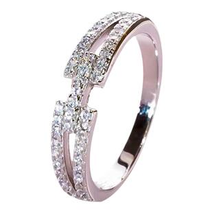 铂金镶嵌美国进口D色莫桑石几何H字母戒指时尚简约韩系潮日常时尚