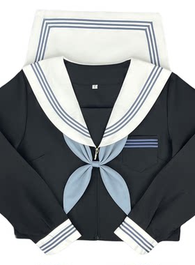 日系甜妹黑身白领蓝三本水手服